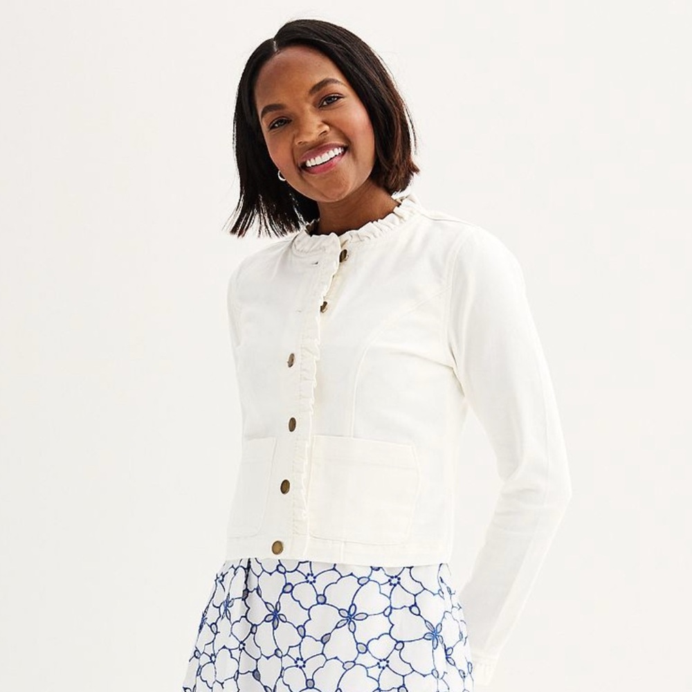 EUC Draper James Women's White Ruffle-Trim Denim Jacket - M